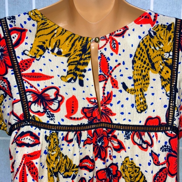 Coreylynncalter ANTHROPOLOGIE Tiger &Tropical Floral Print Summer Tunic Top XS - Picture 7 of 10